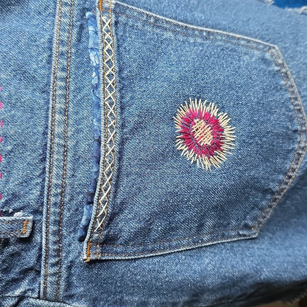 Upcycled Red and Blue Tiered Distressed Midi Blue Jean Skirt - Picture 6 of 12